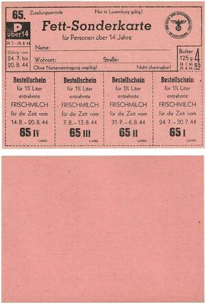 Q3477 Luxembourg Lebensmittelkarte Bon de Survie Enfant -14 ans 1944 UNC