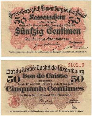 Q3480 Luxembourg Bon de Caisse 50 Centimes Centimen Loi 1914 1918 XF