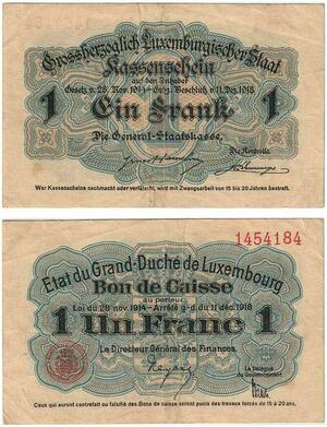 Q3481 Luxembourg Bon de Caisse 1 Franc Frank Loi 1914 1918 XF