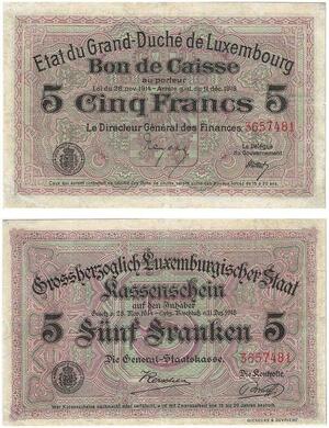 Q3485 Banknote Rare Luxembourg Bon de Caisse 5 Francs Franken Loi 1914 1918