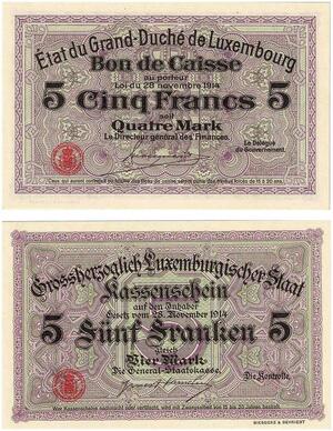 Q3487 Rare Luxembourg Bon de Caisse 5 Francs Franken 4 Marks 1914 UNC