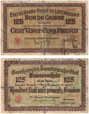 Q3489 Rare Inedit Luxembourg Luxemburgischer 125 Francs 1919 Non annulé