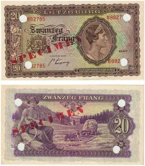 Q3499 Rare Luxembourg Specimen 20 Francs Grand Duchess Charlotte 1943 UNC