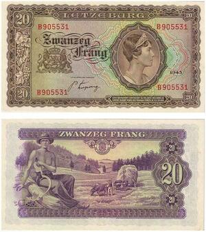 Q3500 Rare Luxembourg 20 Frang Francs Grand Duchess Charlotte 1943 UNC - Offer