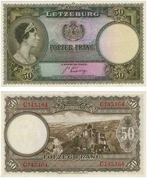 Q3501 Rare Luxembourg 50 Francs Frang Grand Duchess Charlotte 1944 UNC