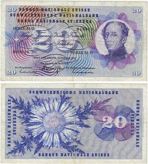 Q3544 Banknote Switzerland 20 Francs Suisse 20 Franchi 20 Franken 1972