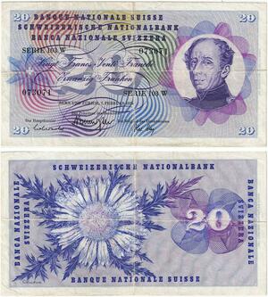 Q3549 Banknote Switzerland 20 Francs Suisse 20 Franchi 20 Franken 1974