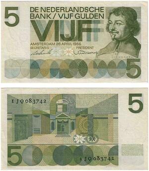 Q3577 Banknote Netherlands 5 Gulden Joost van den Vondel 1966 AU >Make Offer