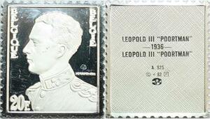 R0008 Belgium Timbre Monnaie 20 Francs Leopold III Poortman 1936 Silver