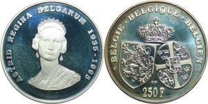 R0062 Belgium 250 Francs Astrid Regina Belgium 1935-1995 Silver Proof