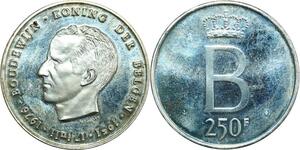 R0064 Belgium 250 Francs Baudouin I Koning Der Belgen 1951-1976 Silver Proof