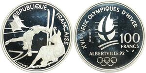 R0077 France 100 Francs Albertville 92 Ski acrobatique 1990 Silver Proof
