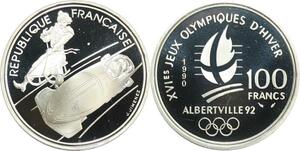 R0079 France 100 Francs Albertville 92 Bobsleigh 1990 Silver Proof - Offer