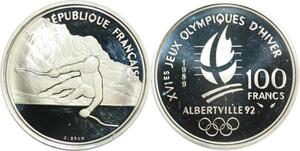 R0080 France 100 Francs Albertville 92 Ski de descente 1990 Silver Proof