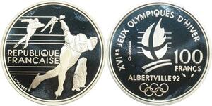 R0082 France 100 Francs Albertville 92 Patinage vitesse 1990 Silver Proof