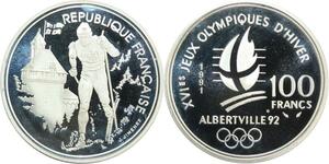 R0086 France 100 Francs Albertville 92 Ski de fond 1990 Silver  - Offer
