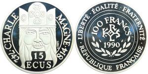 R0088 France 100 Francs 15 Ecus Charlemagne 1990 Silver Proof -> Make Offer