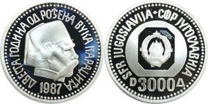 R0135 Yougoslavia 3000 Dinara Vuk Karadžić Silver 1987 Silver Proof -> Offer