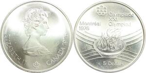 R0172 Canada Montréal Olympics Games 5 Dollars Elizabeth II Flamme 1976 UNC