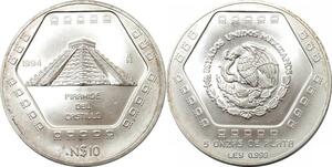R0286 Rare Mexico 10 $ Dollars Piramide Castillo 5 oz Silver 1994 UNC