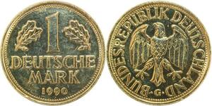R0502 Germany One Deutsche Mark 1990 G Vergoldet Plaqué Or AU -> Make Offer