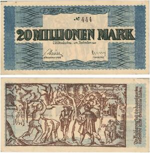 R0557 Rare Germany Banknote Kaiserslautern 20 Millionen Mark 1923 N°444 UNC