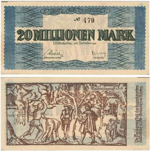 R0568 Rare Germany Banknote Kaiserslautern 20 Millionen Mark 1923 N°479 UNC