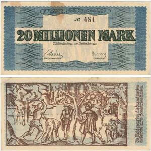 R0570 Rare Germany Banknote Kaiserslautern 20 Millionen Mark 1923 N°481 UNC