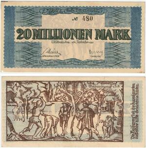 R0579 Germany Banknote Kaiserslautern 20 Millionen Mark 1923 N°78635 UNC