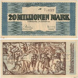 R0580 Germany Banknote Kaiserslautern 20 Millionen Mark 1923 N°78637 UNC