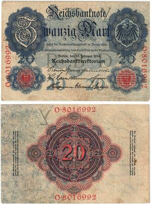 R0584 Germany Banknote WWI 20 Mark 1914 AU -> Make Offer