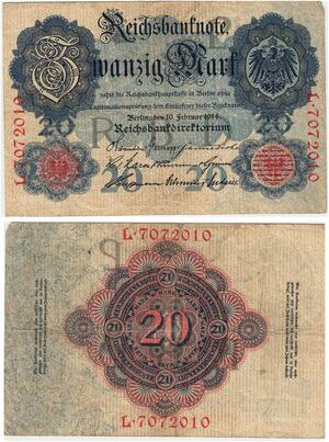 R0588 Germany Banknote WWI 20 Mark 1914 AU -> Make Offer