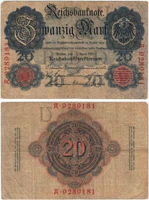 R0591 Germany Banknote 20 Mark 1910 AU- -> Make Offer