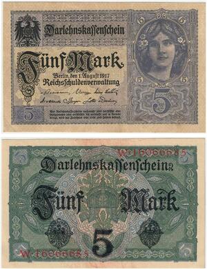 R0619 Germany Banknote WWI 5 Mark 1917 AU+-> Make Offer