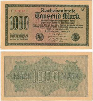 R0790 Germany Banknote Inflation  1000 Mark Red 1922 AU+ -> Make Offer
