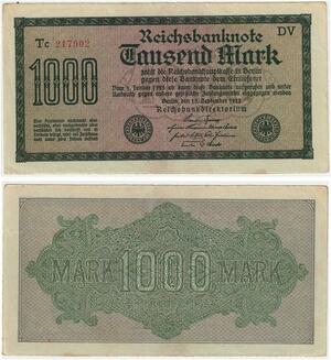 R0792 Germany Banknote Inflation 1000 Mark Red 1922 AU+ -> Make Offer