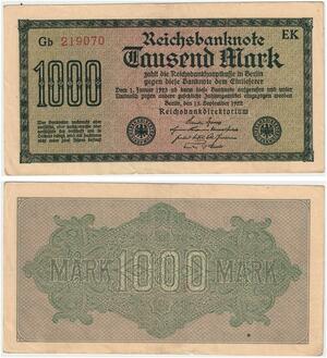 R0795 Germany Banknote Inflation 1000 Mark Red 1922 AU -> Make Offer