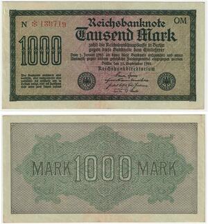 R0799 Germany Banknote Inflation 1000 Mark Red  * 1922 AU -> Make Offer