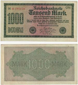 R0801 Germany Banknote Inflation 1000 Mark Red  * 1922 AU- -> Make Offer
