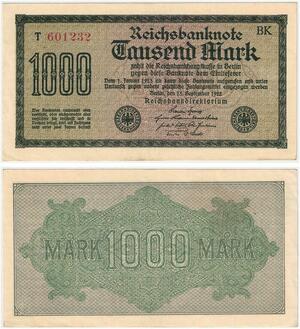 R0802 Germany Banknote Inflation 1000 Mark Red 1922 AU -> Make Offer