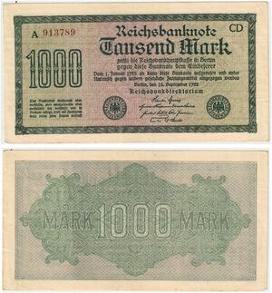 R0813 Germany Banknote Inflation 1000 Mark Red 1922 AU -> Make Offer