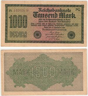 R0818 Germany Banknote Inflation 1000 Mark Purple 1922 AU+ -> Make Offer