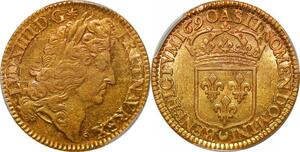 AA580 France Louis d'or à l'écu 1690 P Dijon Or Gold PCGS AU58