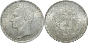 O25 2ND TOP POP Venezuela 5 Bolivares Barre 1888 Paris Silver PCGS AU58 SUP AU