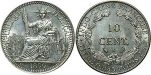 O902 Scarce Indo China 10 Centimes 1899 A Paris Argent Silver PCGS AU