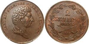 O1972 Rare !! Sweden Suede 2 Skilling Banco Karl XIV 1837 PCGS AU58 AU !!!