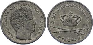 O2052 Scarce !! Danemark 3 Rigsbank Skilling Christian VIII 1842 K FF Silver AU !!