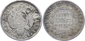 O2054 Bolivia 20 Centavos 1876 La Union es La Fuerza Silver AU !! ->Make offer