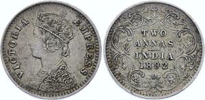 O2057 Scarce !! India British 2 Annas Victoria 1892 Silver AU ->Make offer
