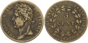 O2081 Guadeloupe 5 Centimes Charles X Colonies 1827 H La Rochelle ->Make offer